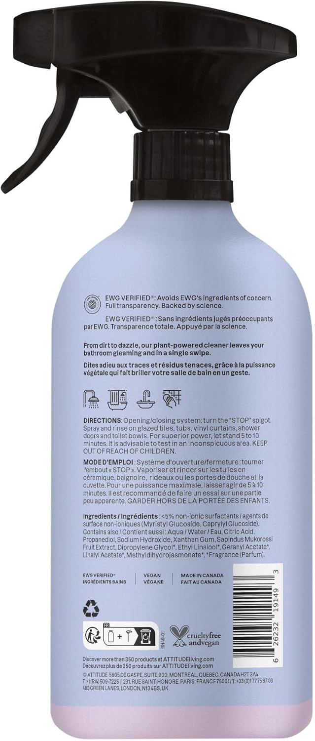 ATTITUDE Bathroom Cleaner Spray, Natural Origin Ingredients, EWG Verified, Eliminates Soap Scum, Limescale, Streak Free, Lemon & Rosewood, 26 Fl Oz
