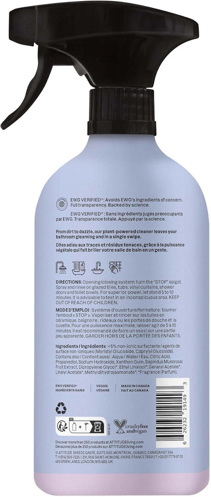 ATTITUDE Bathroom Cleaner Spray, Natural Origin Ingredients, EWG Verified, Eliminates Soap Scum, Limescale, Streak Free, Lemon & Rosewood, 26 Fl Oz