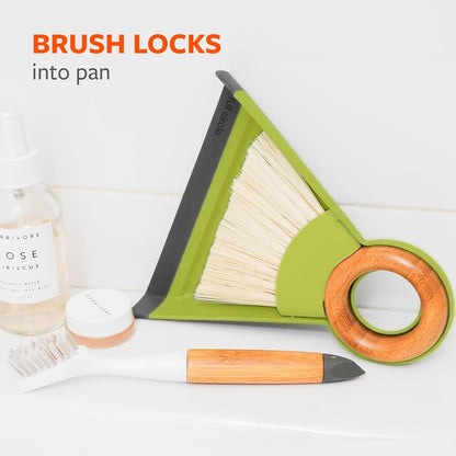 Full Circle Tiny Team Mini Compact Brush & Dustpan Set, Portable Handheld Broom for Quick Cleanups, Ideal for Home, Bathroom, Kitchen Countertops. Bamboo Hand Broom & Small Crumb Sweeper, White