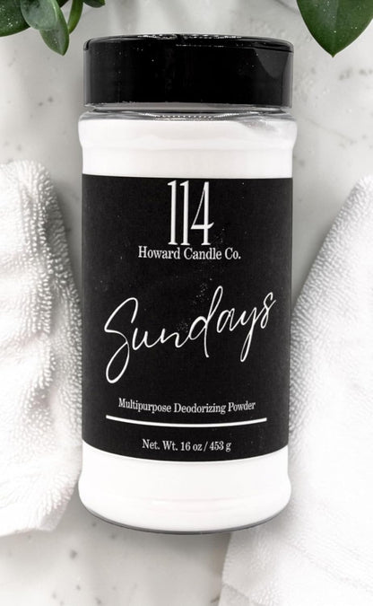 Carpet Deodorizer & Freshener Powder - Upholstery, Couch & Rug Odor Eliminator for Strong Odor & Pet Urine | Baking Soda Formula | Sundays Scent | Safe for Kids & Pets | 1-1-4 Howard Candle Co.