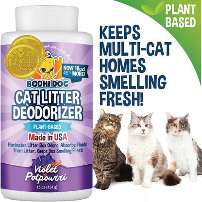 Bodhi Dog Cat Litter Odor Eliminator - Natural Gentle Deodorizer & Freshener for Strong Urine Smell - Long-Lasting Formula, Easy to Use, Reduces Litter Box Changes - Violet Potpourri Scent