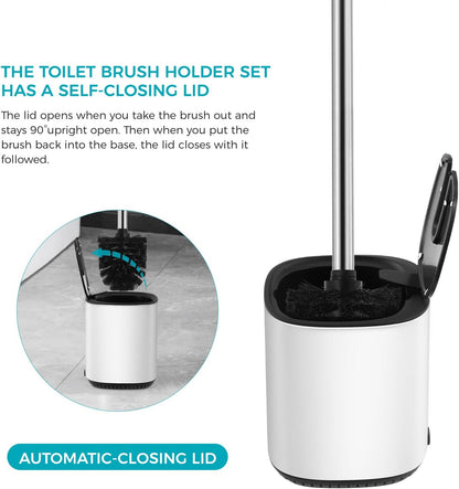 Toilet Brush Holder Set Toilet Bowl Brush Stainless Steel Automatic Open lid Toilet Bowl Cleaner Brush with Durable Bristle Head Toilet Cleaning Brush for Bathroom
