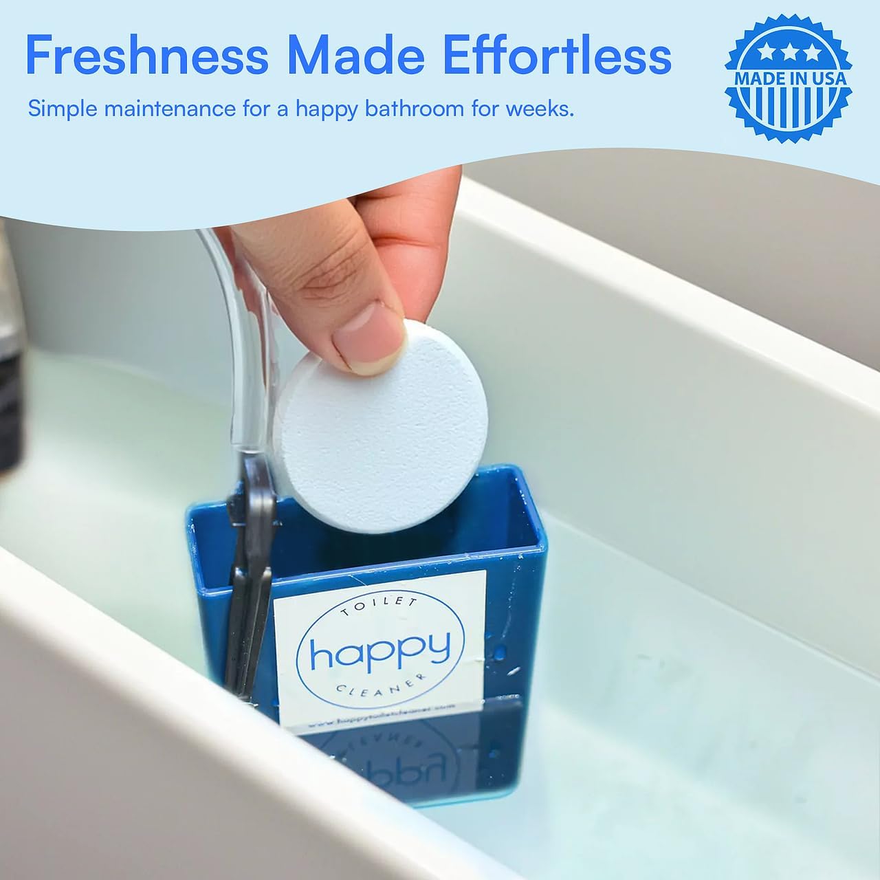 Happy Toilet Cleaner Automatic Toilet Bowl Cleaner - Easy to Install Toilet Tablet Holder - Self-Cleaning Toilet System, Deep Clean with Every Flush - Made in the USA