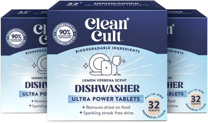 Cleancult Ultra Power Dishwasher Detergent Pods for Sparkling Streak-Free Shine, All-In-One, No Plastic Waste, 32 Count