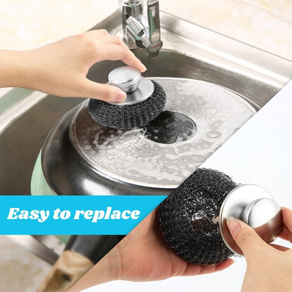 5Pcs Stainless Steel Wool Scrubber Sets, with Long & Short Handle & 3Pcs Detachable Pads, Metal Pot Scrubbers for Cleaning Dishes Iron Pots Stoves