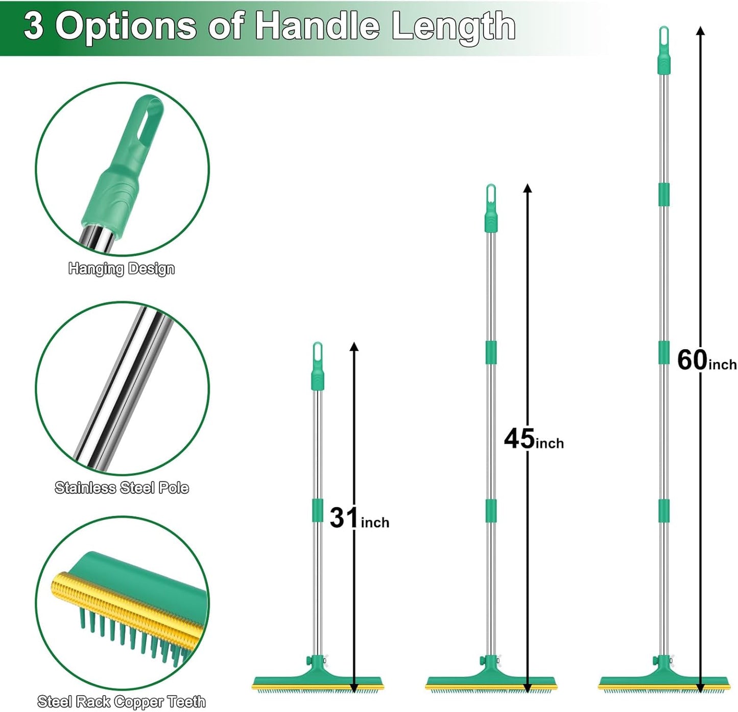 3 in 1 Carpet Rake for Pet Hair Removal, Reusable Pet Hair Remover Broom, 60'' Adjustable Long Handle Dog and Cat Hair Remover Tool Set of 3, Lint Remover Scraper for Carpets, Rugs, Mats, Couch, Car