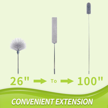 IVYROLL Cobweb Duster with Extension Pole, Spider Web Brush & Ceiling Cleaning Kit, 100" Microfiber Feather Duster Cleaner with Washable Head for Ceiling Fan, Furniture, Home