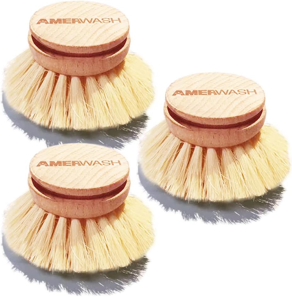 AMERWASH PLUS Dish Brush with Wooden Handle, Natural Kitchen Brush for Dishes Vegetable, Pots and Pans, Tampico Fiber Bristles Scrubber, Extra 3 Pack Replacement Head Included