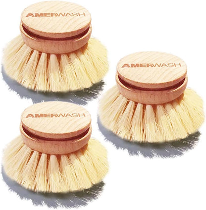 AMERWASH PLUS Dish Brush with Wooden Handle, Natural Kitchen Brush for Dishes Vegetable, Pots and Pans, Tampico Fiber Bristles Scrubber, Extra 3 Pack Replacement Head Included