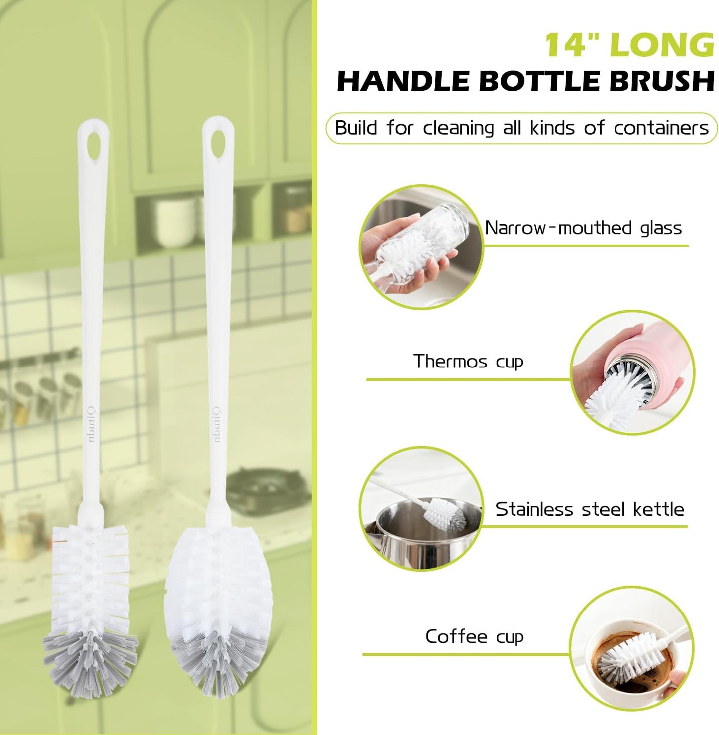 2 Pack 14 Inch Bottle Brush & 12 Inch Straw Brush Cleaner Set - Heavy Duty Kitchen Bottle Brushes for Cleaning Water Bottles, Mugs, Sippy Cups & Tumblers, Lab Use (Large)