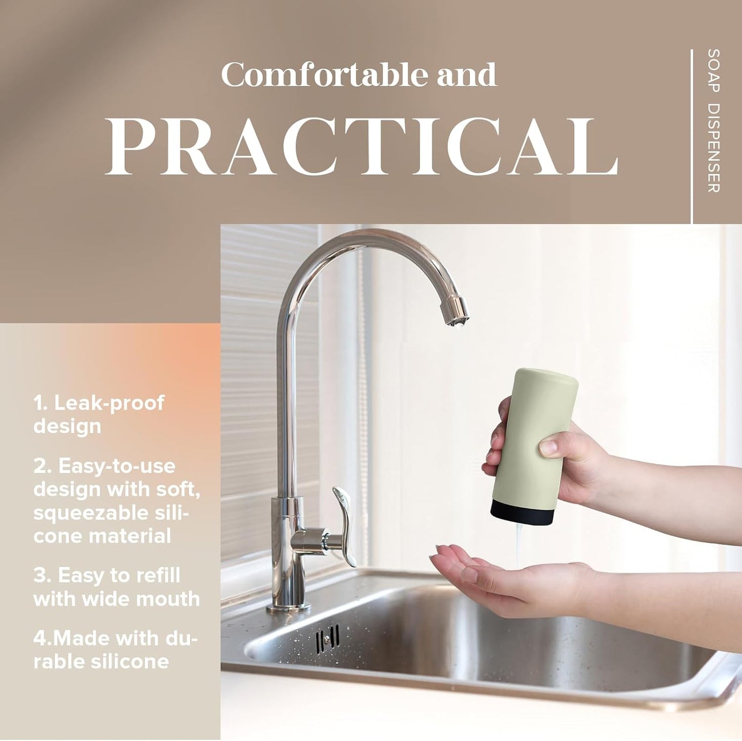 ElmRidge Dish Soap Silicone Dispenser for Kitchen Sink,Squeeze Washing Up Liquid and Hand Soap,Round refillable Silicone Bottles,Easy to Fill and to use, 8.5 oz,Black 2.4 x 2.4 x 5.5 inches (Gray)