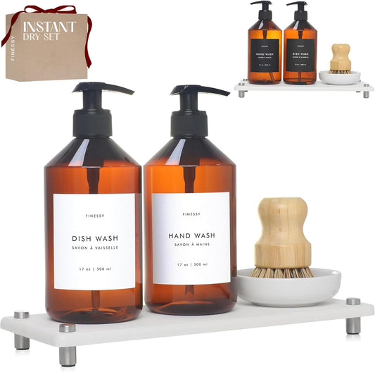 Luxe White Kitchen Soap Dispenser Set with Tray and Dish Brush, Refillable Hand and Dish Soap Dispenser Set Bottles with Pump for Lotion Handsoap Liquid Dishwashing Kitchen and Bathroom Countertop Set