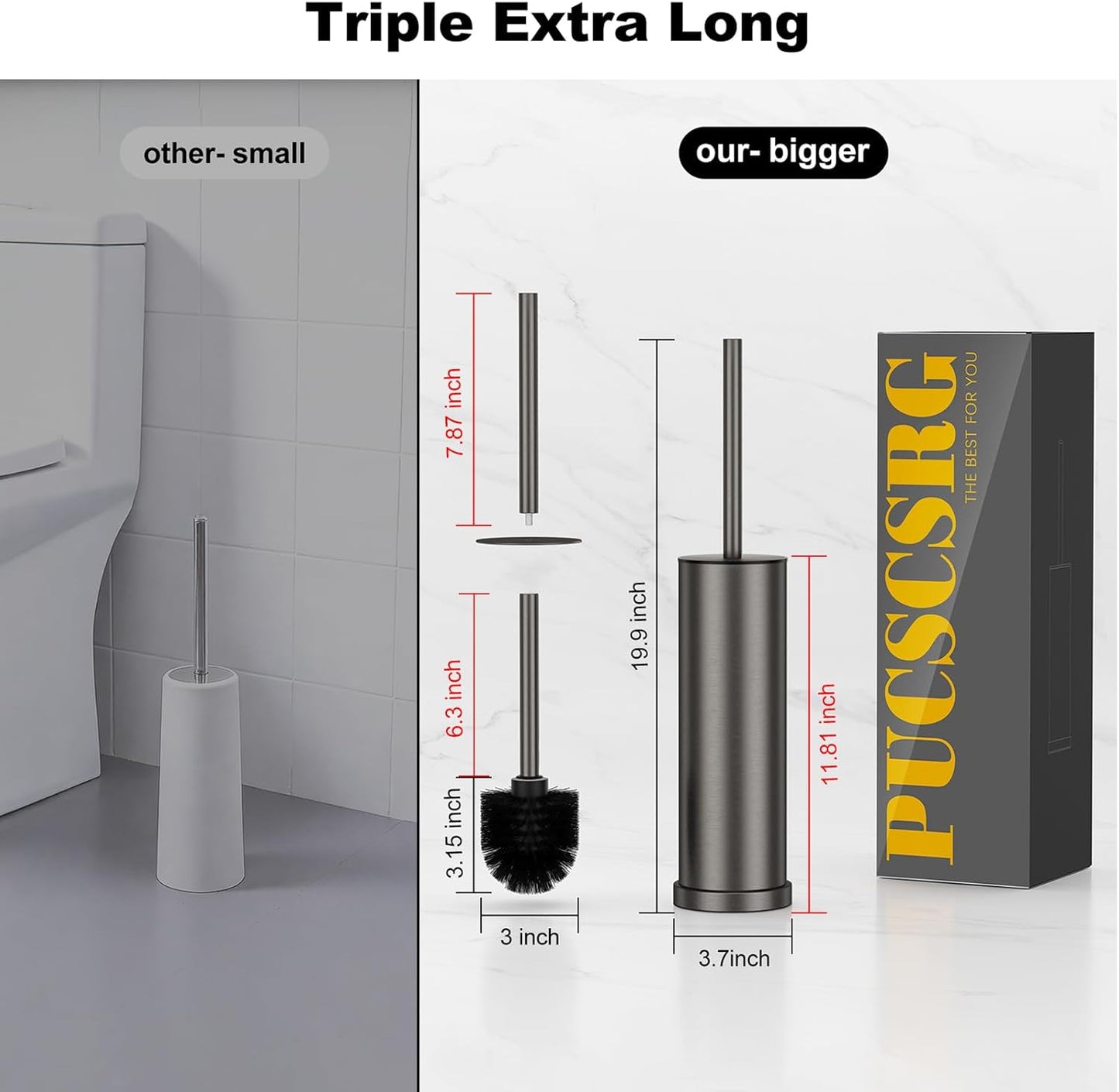 Bronze Toilet Brush and Holder Set，Stainless Steel Heavy Duty Toilet Bowl Brush，Extra Long Handled Modern Toilet Cleaner Brush, Removable Inner Bowl, and Splash Protection