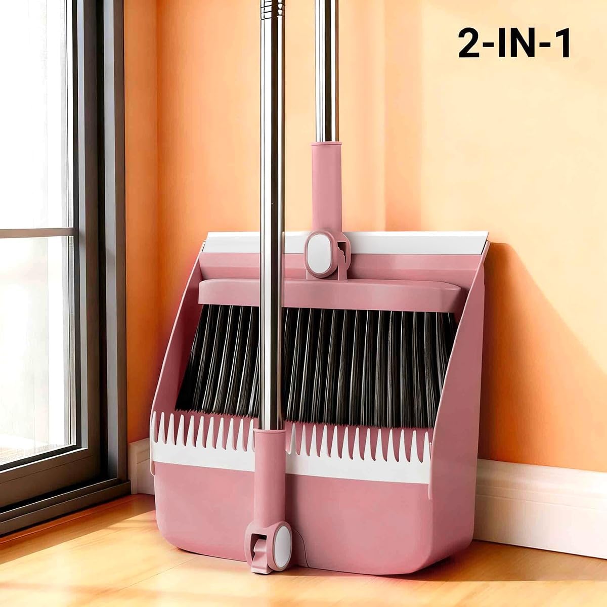 2-in-1 Broom with Dustpan Combo Set,Long Handle Broom Dustpan Combo with Dustpan Teeth to Automatically Clean Hair for Home, Indoor or Outdoor Cleaning Hall Floor (Gray)
