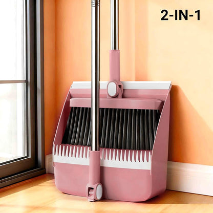 2-in-1 Broom with Dustpan Combo Set,Long Handle Broom Dustpan Combo with Dustpan Teeth to Automatically Clean Hair for Home, Indoor or Outdoor Cleaning Hall Floor (Gray)