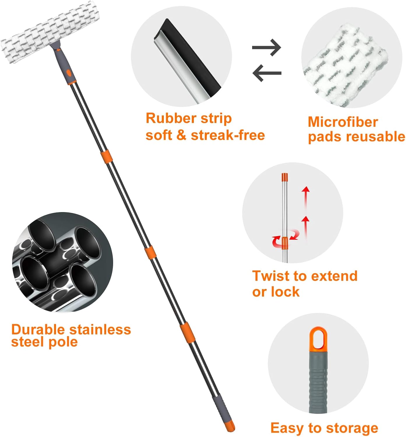 Window Washing Kit with Extension Pole, 10" Squeegee & 11" Microfiber Scrubber Combi with Stainless Steel Pole, Window Cleaner for Car, Sliding Door,Shower Glass Door-Swivel Style-2 Pads