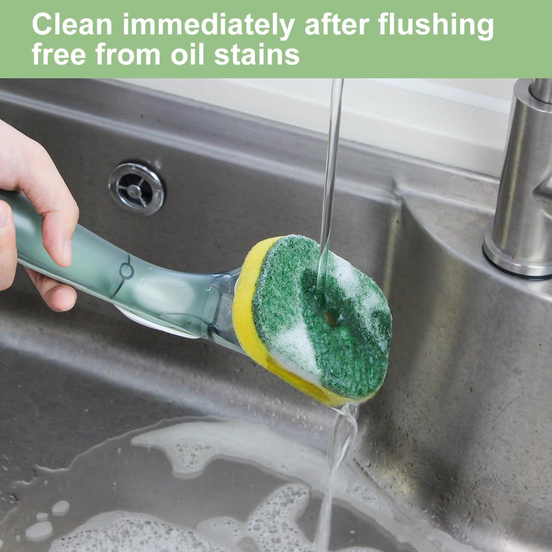 CQT Soap Dispensing Dish Brush Storage Set, Dish Scrubber with Handle, Kitchen Washing Brush for Pot Pan Sink Cleaning, Kitchen Brush with Holder and 1 Replaced Scouring Pad Head