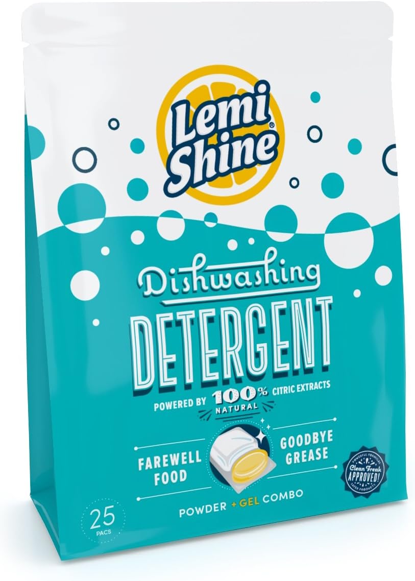 Lemi Shine Natural Dishwasher Detergent Pods | Powder & Gel Combo Dish Detergent with Powerful Citric Extracts | All-in-One Dishwasher Tablets | Natural Lemon Scent - 25 Ct Each (Pack of 2)