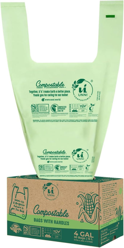 UNNI 13 Gallon Compostable Trash Bags with Tie Handles, 30 Count Small Food Scrap Kitchen Compost Bags for Countertop Bin, Certified by BPI, CMA & OK compost HOME, Meets ASTM D6400