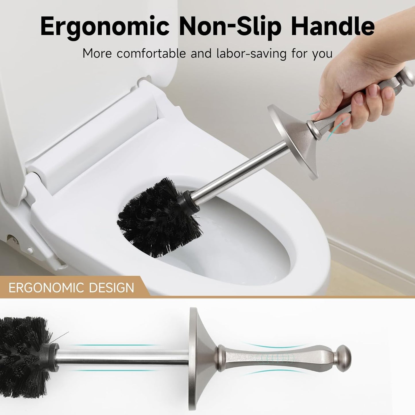 Bronze Toilet Brush and Holder，Extra Long Handled Toilet Brush for Bathroom，Stainless Steel Heavy Duty Toilet Bowl Brush,Deep Cleaning Modern Toilet Cleaner Brush -Space Saving, Covered Brush, Durable