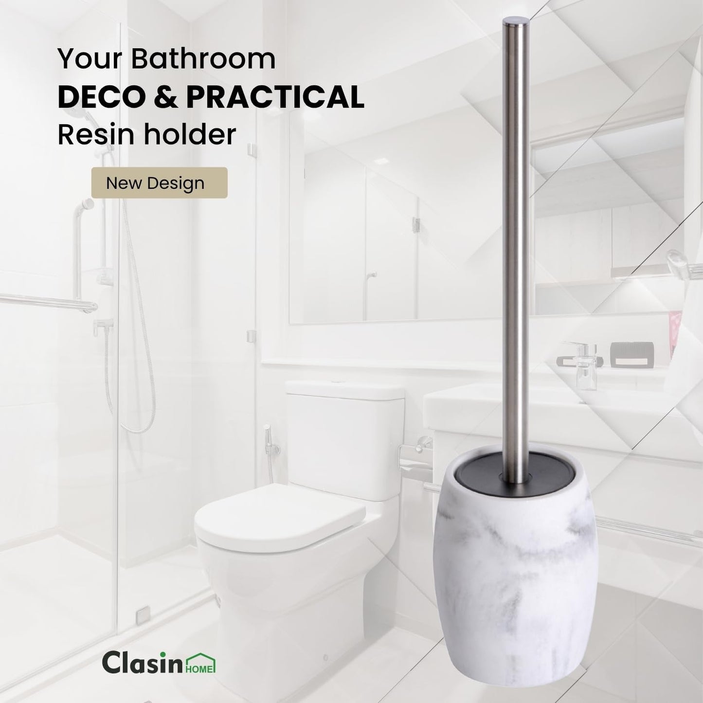 Clasin Home Toilet Bowl Brush and Holder with Stainless Steel Long Handle, Toilet Scrubber Brush with Durable Base, 360° Deep Cleaning Bristles for Bathroom, Compact Set for Small Space (Beige)