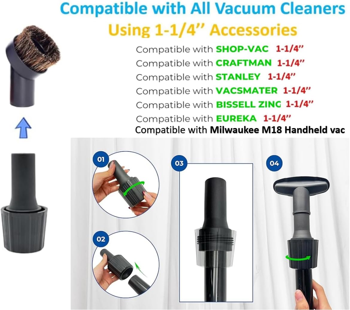 1.25'' Shop Vacuum Dust Brush Attachment with 25mm Horse Hair (2PCS) - Round Dust Brush Soft Bristle for Furniture, Blinds, Car, Wood, Electronics - 1.25 inch (32mm) Vacuum Accessories