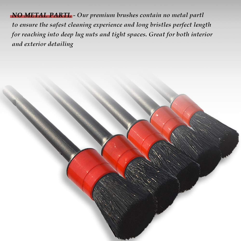 Detailing Brush Set -5 Different Sizes Premium Natural Boar Hair Mixed Fiber Plastic Handle Automotive Detail Brushes for Cleaning Wheels, Engine, Interior, Air Vents, Car, Motorcy