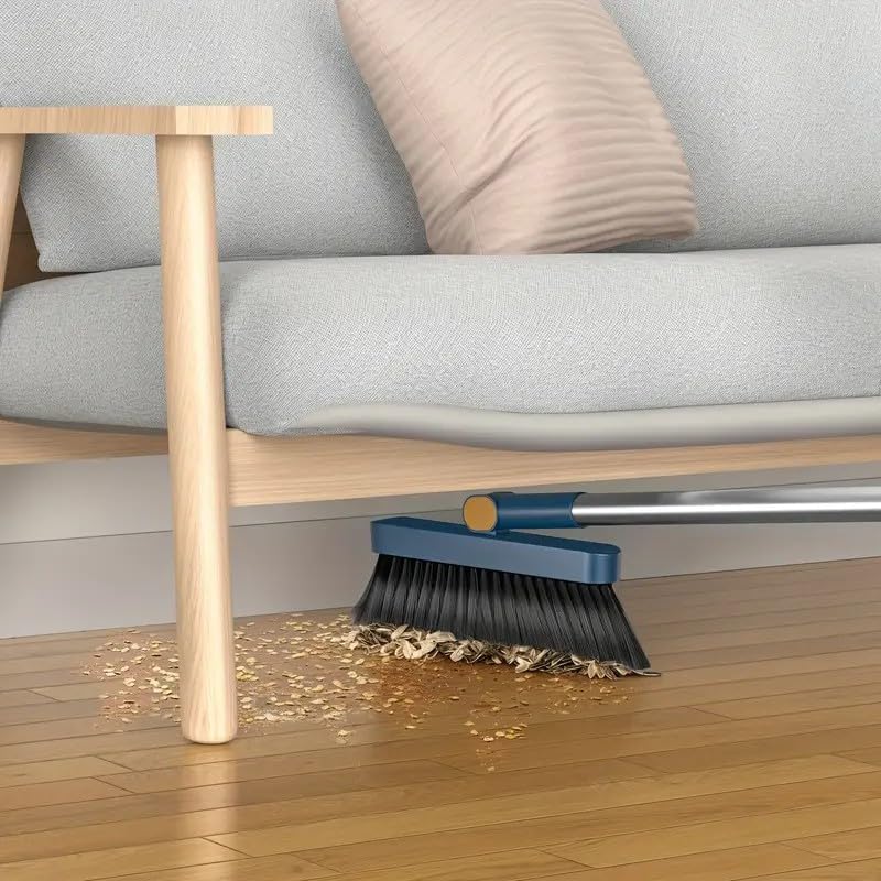 2-in-1 Broom with Dustpan Combo Set,Long Handle Broom Dustpan Combo with Dustpan Teeth to Automatically Clean Hair for Home, Indoor or Outdoor Cleaning Hall Floor (Gray)