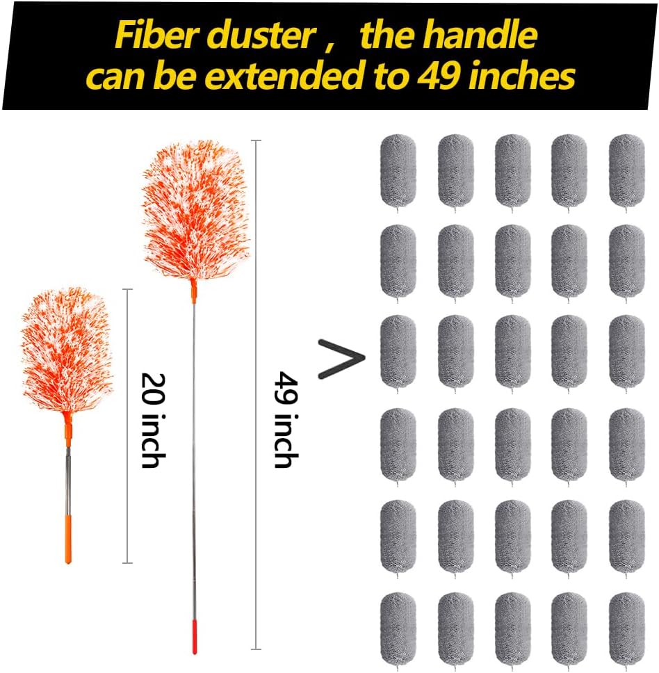 20-49inches Extendable Microfiber Feather Duster with 10pcs Replaceable Heads, Extra Long Bendable Duster for Cleaning, Electrostatic Dust Remove for Furniture, Ceiling, Window,etc (Navy Blue)