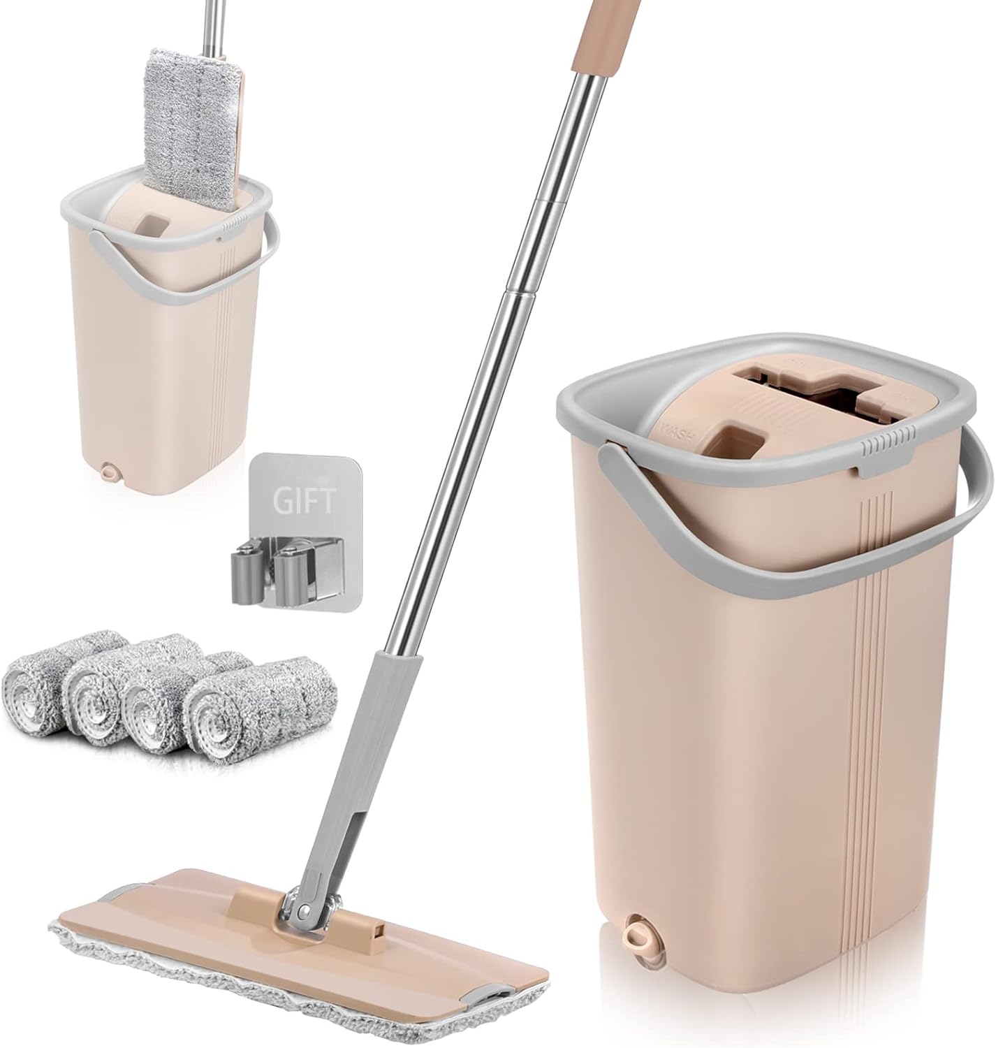 Squeeze Mop and Bucket Set with 4 Microfiber Mop Pads for Floor Cleaning, Flat Mop and Bucket with Wringer Set, Wall and Baseboard Cleanering Mop with a Holder
