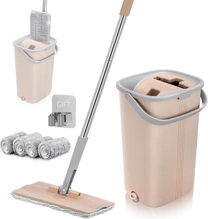Squeeze Mop and Bucket Set with 4 Microfiber Mop Pads for Floor Cleaning, Flat Mop and Bucket with Wringer Set, Wall and Baseboard Cleanering Mop with a Holder