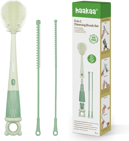 Haakaa 5-in-1 Cleaning Brush Set – Baby Bottle Brush & Bottle Brush Cleaner, Multi-Purpose 360° Comprehensive Cleaning for Breast Pumps, Breast Milk Collector, Baby Bottles, Nipples ,Straw – Portable