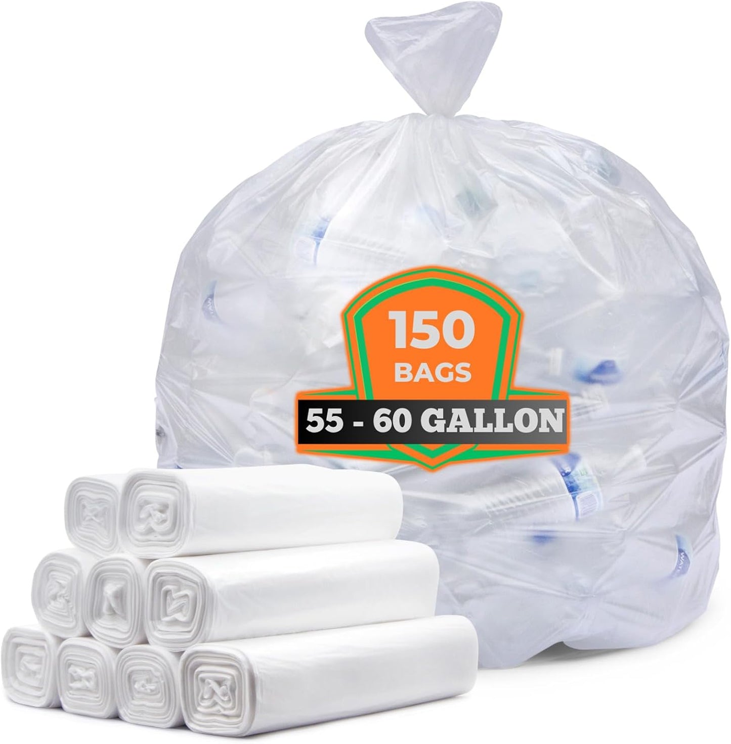 55 Gallon Clear Trash Bags, (50 Bags w/Ties) Large Clear Plastic Recycling Garbage Bags