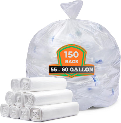 55 Gallon Clear Trash Bags, (50 Bags w/Ties) Large Clear Plastic Recycling Garbage Bags