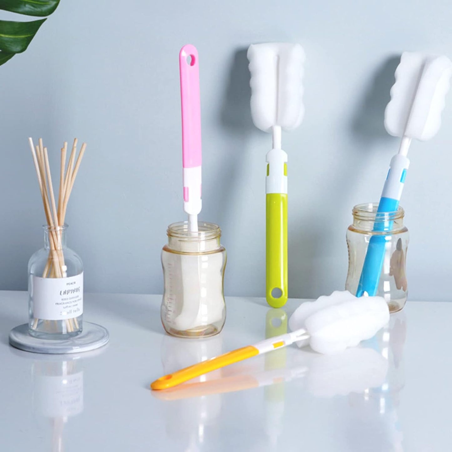 Bottle Brush Sponge Cup Brush Set with 4 Replacement Brush Head Portable Long Handle Water Bottle Cleaner Brush, for Baby Bottles Vacuum Flasks (4 Brushes + 4 Heads)