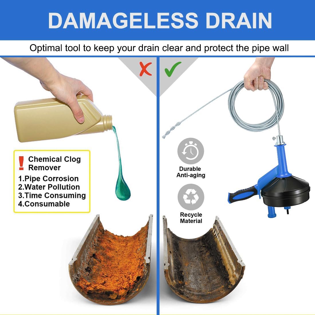 Drain Auger, Clog Remover with Drill Adapter, 25 Feet Flexible Plumbing Snake Use Manually or Powered for Kitchen, Bathroom and Shower Sink, Comes with Gloves (orange)