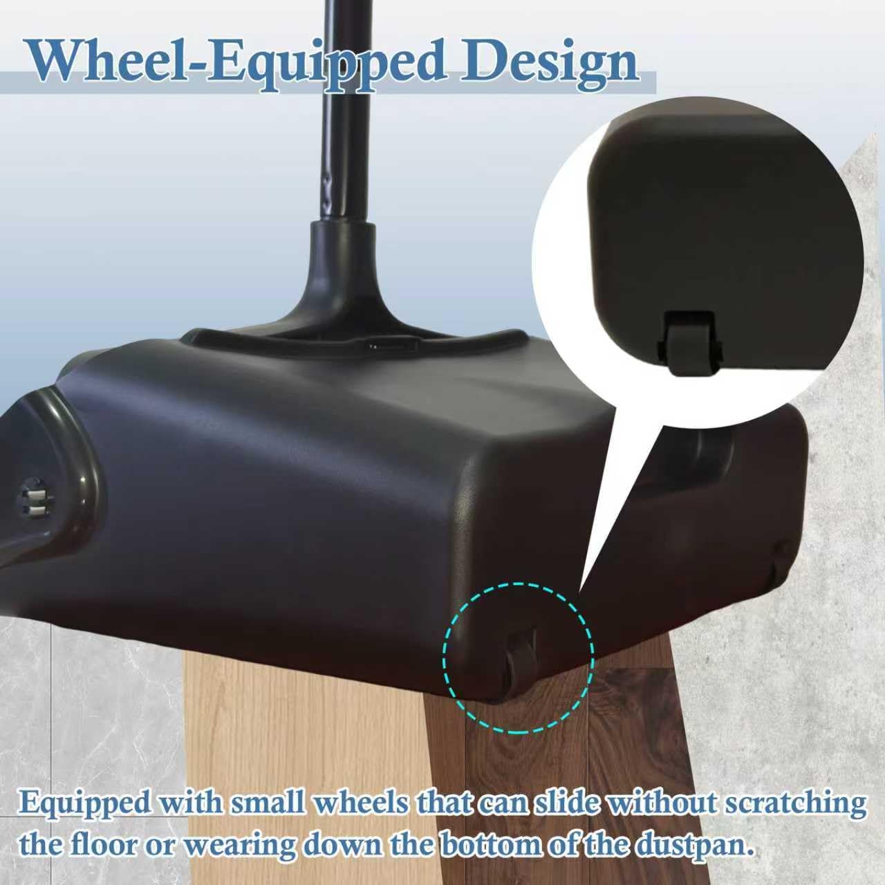 Broom and Dustpan Set with Long Handle and Wheels, Upright Standing Heavy Duty Large Dust Pan and Broom Combo for Indoor Outdoor, Kitchen, Garage, Restaurant Cleaning – Black