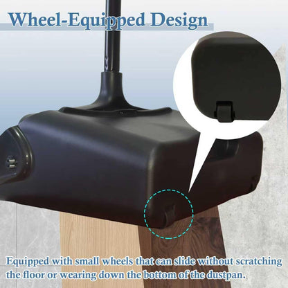 Broom and Dustpan Set with Long Handle and Wheels, Upright Standing Heavy Duty Large Dust Pan and Broom Combo for Indoor Outdoor, Kitchen, Garage, Restaurant Cleaning – Black