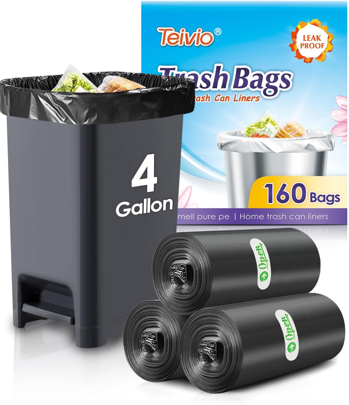 Teivio Small Trash Bags 4 Gallon 120 Counts Garbage Bags, Bathroom Trash Can Bin Liners, Small Plastic Bags for home office kitchen, fit 12-15 Liter, 3,3.5,4.5 Gal, Clear