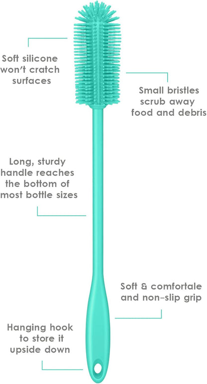 Silicone Bottle Brush, Water Bottle Cleaner Brush with Long Handle, Perfect for Cleaning Narrow Neck Containers, Vacuum Sports Bottle, Tumblers, Flask, Glassware (1 Pack, Turquoise)