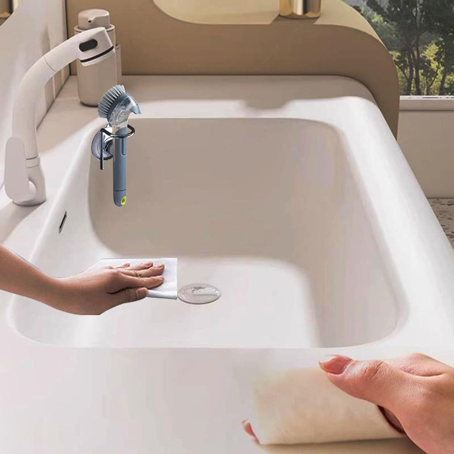 Soap Dispensing Palm Brush Holder Traceless Suction Cup Dish Brush Holder for Kitchen Brush Dish Brush with Soap Dispenser Pot (Open Type)