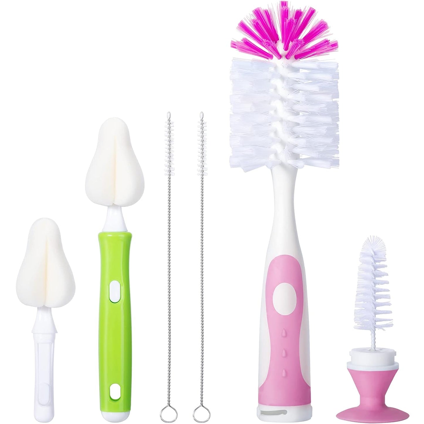 CAREBABYMORE Baby Bottle Brush with One Base Hidden Nylon Nipple Cleaner, 2 Pcs Sponge Nipple Brushes, 2 Pcs Straw Brushes, Bottle Brush with Nipple Cleaner and Suction Cup (Green)