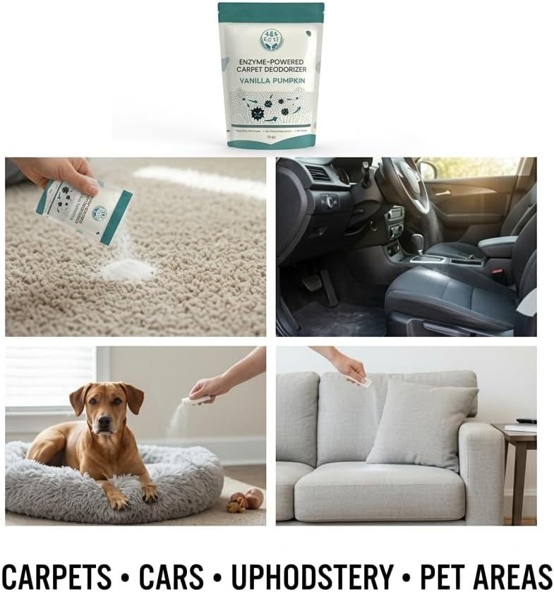 Enzyme-Powered Carpet Deodorizer (Powder) - Vanilla Pumpkin | Natural Pet Odor Eliminator | Bio-Enzymatic Formula, Premium Performance, Eco Friendly | 16 oz