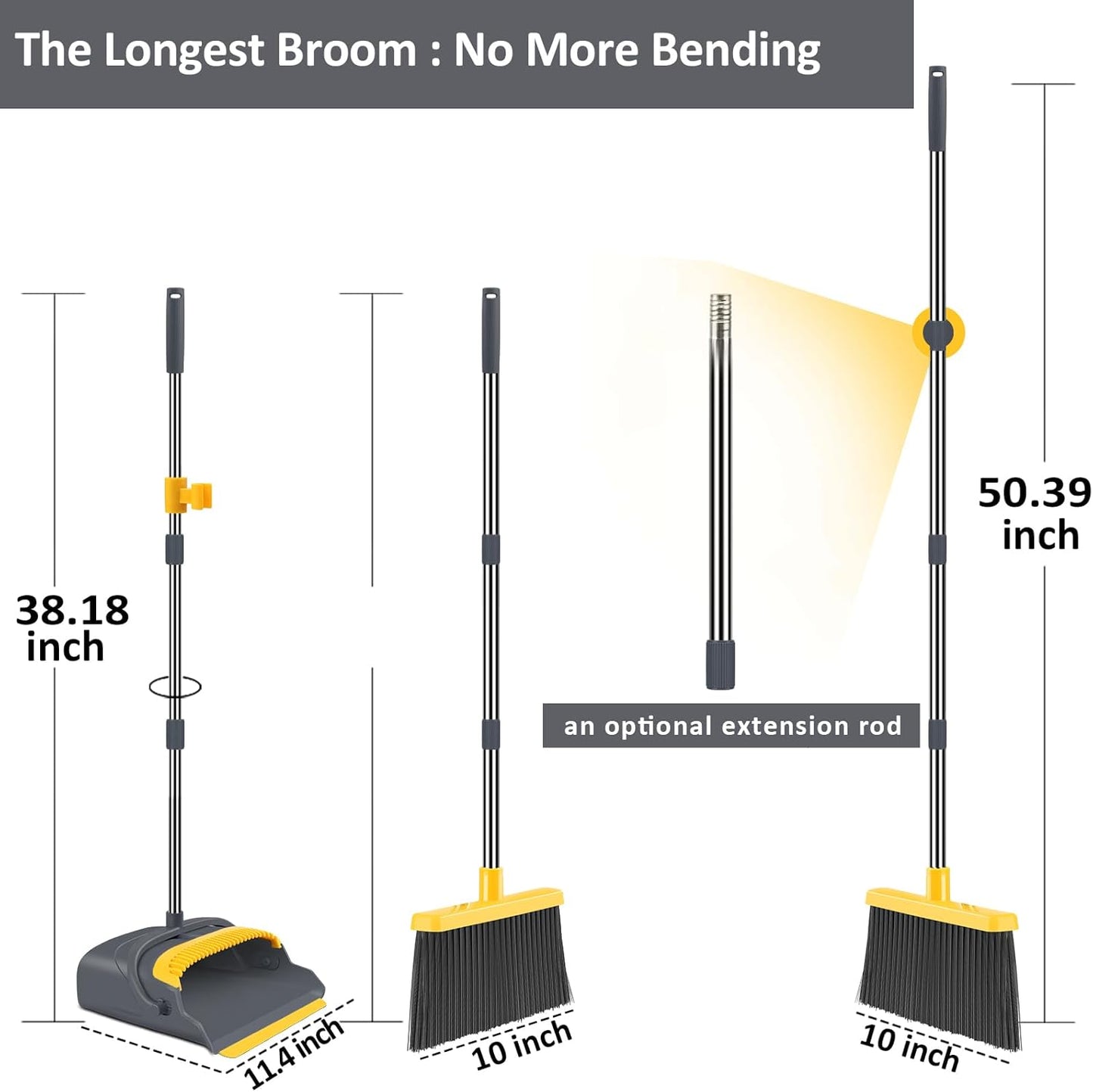Upgrade Broom and Dustpan Set, Self-Cleaning with Dustpan Teeth, Indoor&Outdoor Sweeping, Ideal for Dog Cat Pets Home Use, Stand Up Broom and Dustpan (Gray&Orange)
