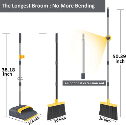 Upgrade Broom and Dustpan Set, Self-Cleaning with Dustpan Teeth, Indoor&Outdoor Sweeping, Ideal for Dog Cat Pets Home Use, Stand Up Broom and Dustpan (Gray&Orange)