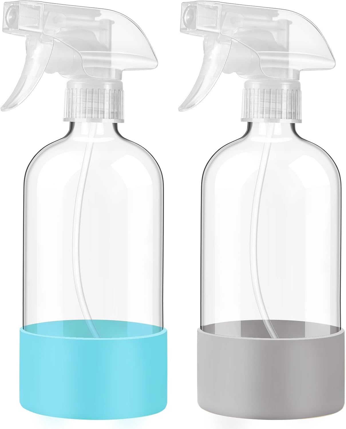 JohnBee Glass Spray Bottles with Silicone Sleeve, 2 Pack16 oz Empty Refillable Containers with Adjustable Spray Nozzles, Spray Bottles for Hair, Cleaning Solutions and Plants Olive Green&Pink