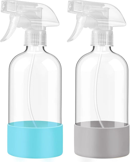 JohnBee Glass Spray Bottles with Silicone Sleeve, 2 Pack16 oz Empty Refillable Containers with Adjustable Spray Nozzles, Spray Bottles for Hair, Cleaning Solutions and Plants Olive Green&Pink