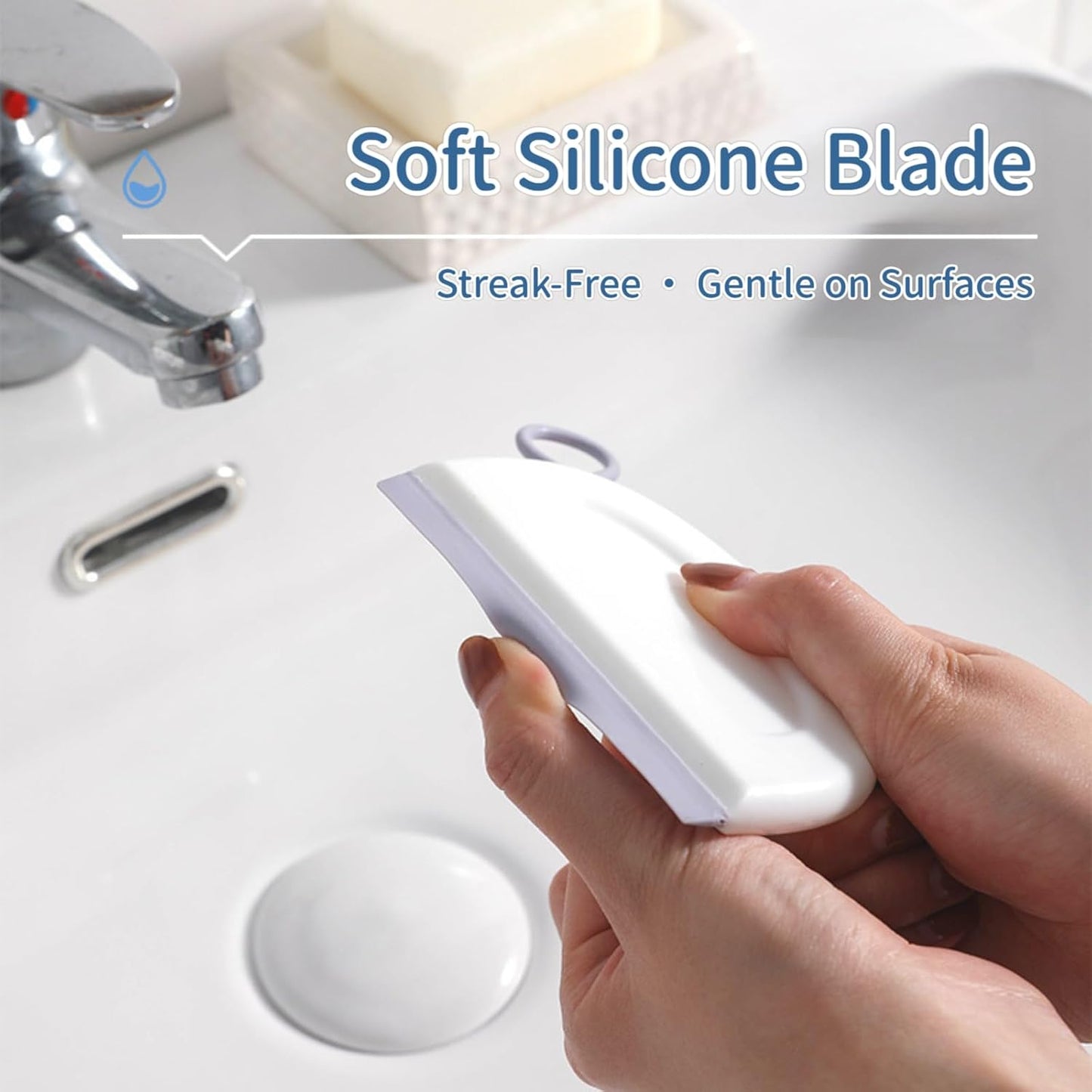 2 Pack 4.25 Inch Small Squeegee, All-Purpose Shower Mirror Squeegee with 2 Adhesive Hooks, Streak-Free Silicone Blade for Bathroom Mirror Kitchen Car RV, Blue & White