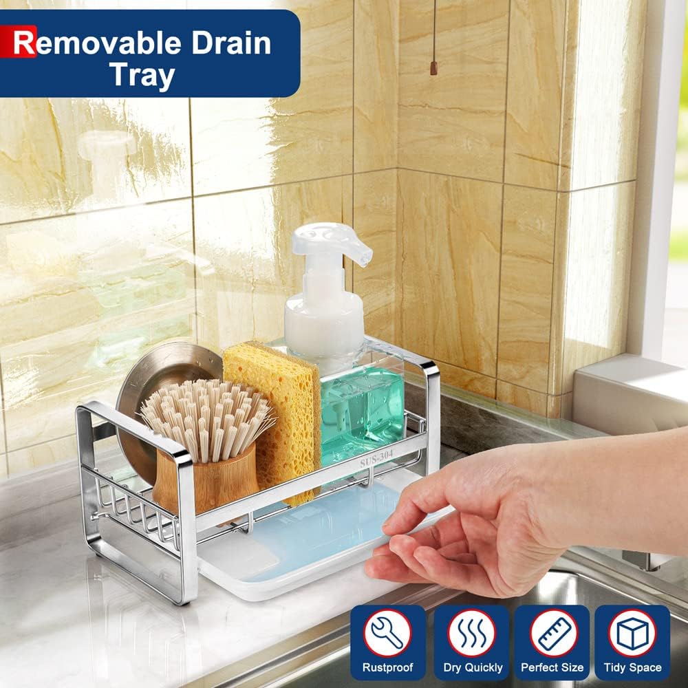 HULISEN Large Sponge Holder, 304 Stainless Steel Kitchen Soap Dispenser Caddy Organizer, Countertop Soap Dish Rack Drainer with Removable Drain Tray, not Including Dispenser and Brush, Silver