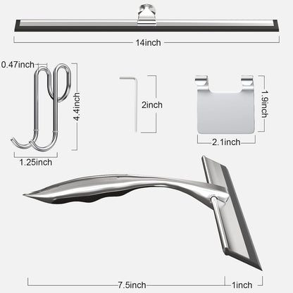 TOOVEM 14 Inch Shower Squeegee for Glass Doors, Window, Bathroom, Car Windshield, Shower Cleaning Tools with S Hook, Square Sticky Hook (Silver)